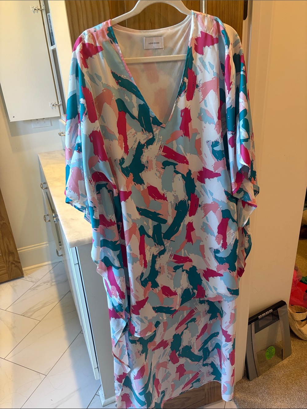 Adrienne Teal & Pink Abstract V-Neck Tunic